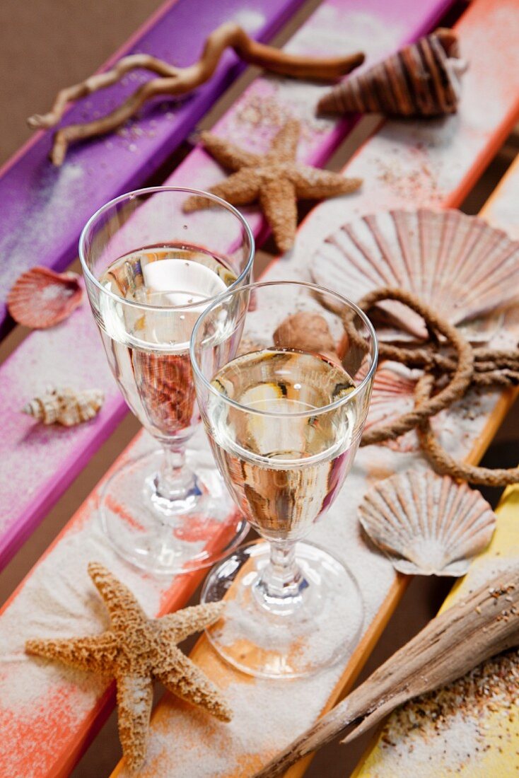 Glasses of sparkling wine and decorative seashells on multi-coloured wooden boards