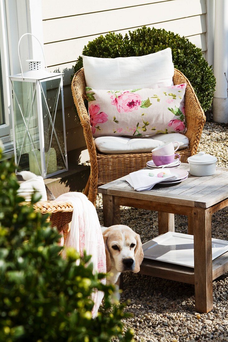 Kaffeepause im Freien - Rattanstuhl mit Kissen und rustikaler Beistelltisch vor Haus mit Holzverschalung