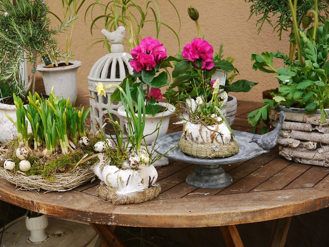 Spring arrangement on wooden table outside