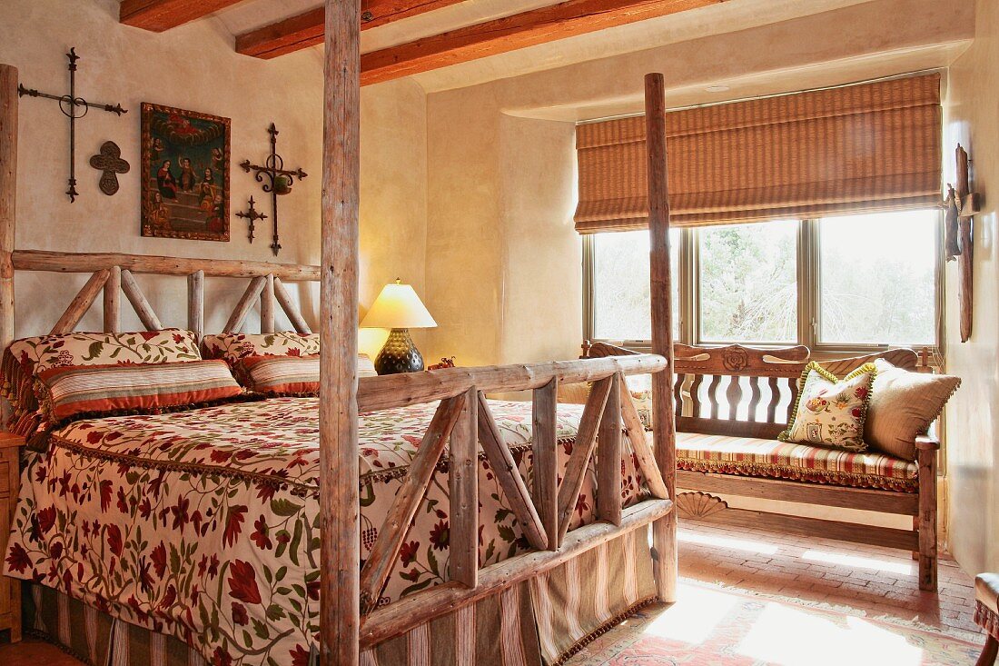 Large bed in southwest style bedroom