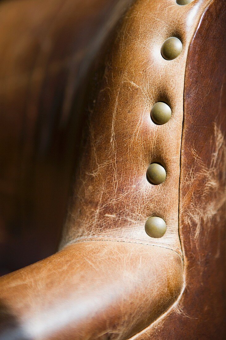 Armrest of leather armchair with decorative studs
