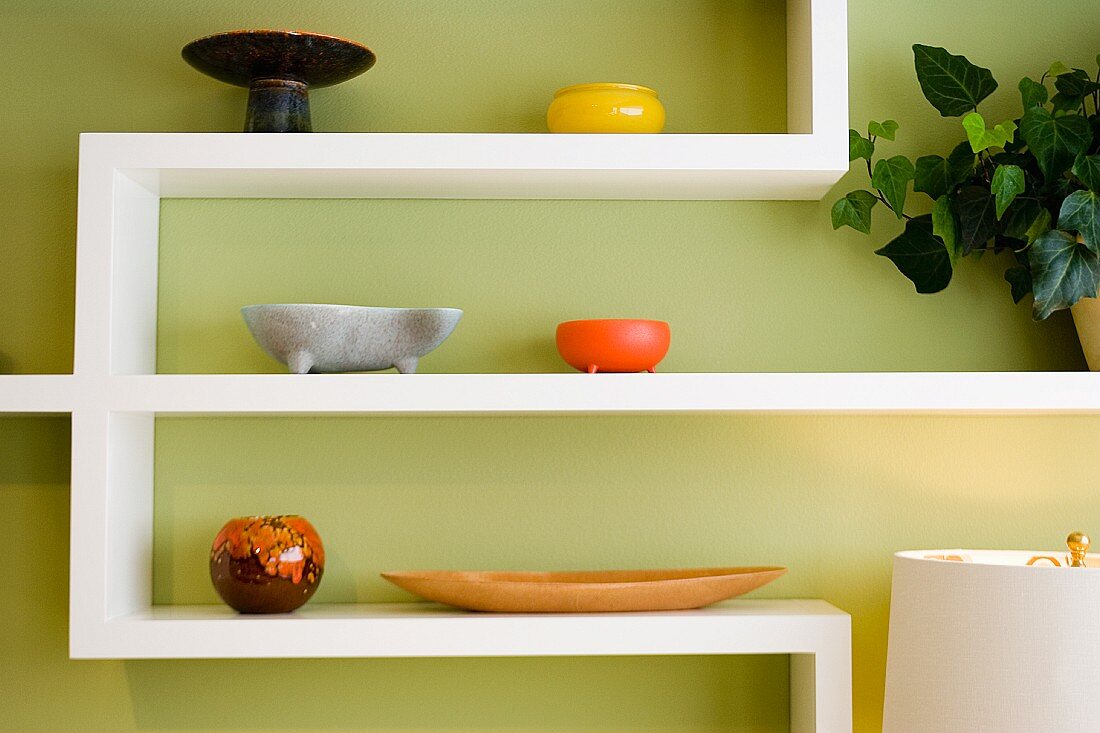 Contemporary Display Shelf with Colorful Pottery