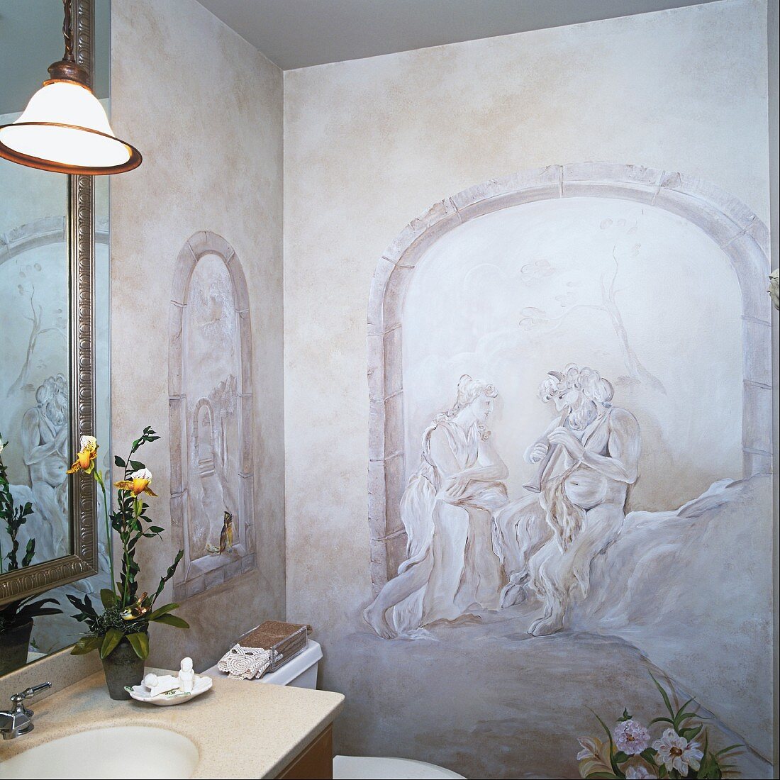 Wall of bathroom with mythological trompe l'oeil
