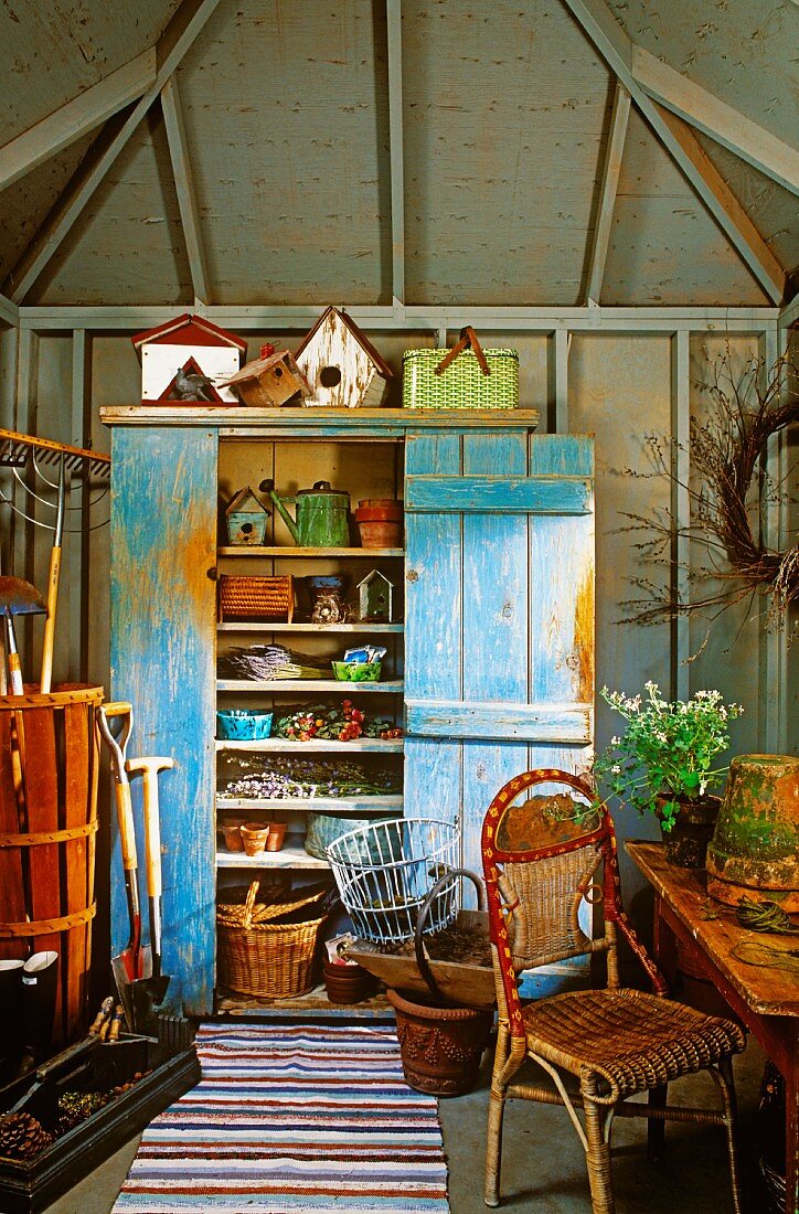 Pastellfarbener Vintage-Holzschrank und Gartenutensilien und Blumentöpfe im Inneren eines Gartenhauses