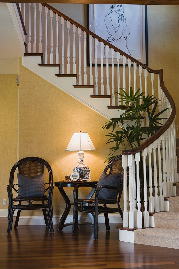 Sitting area near winding staircase