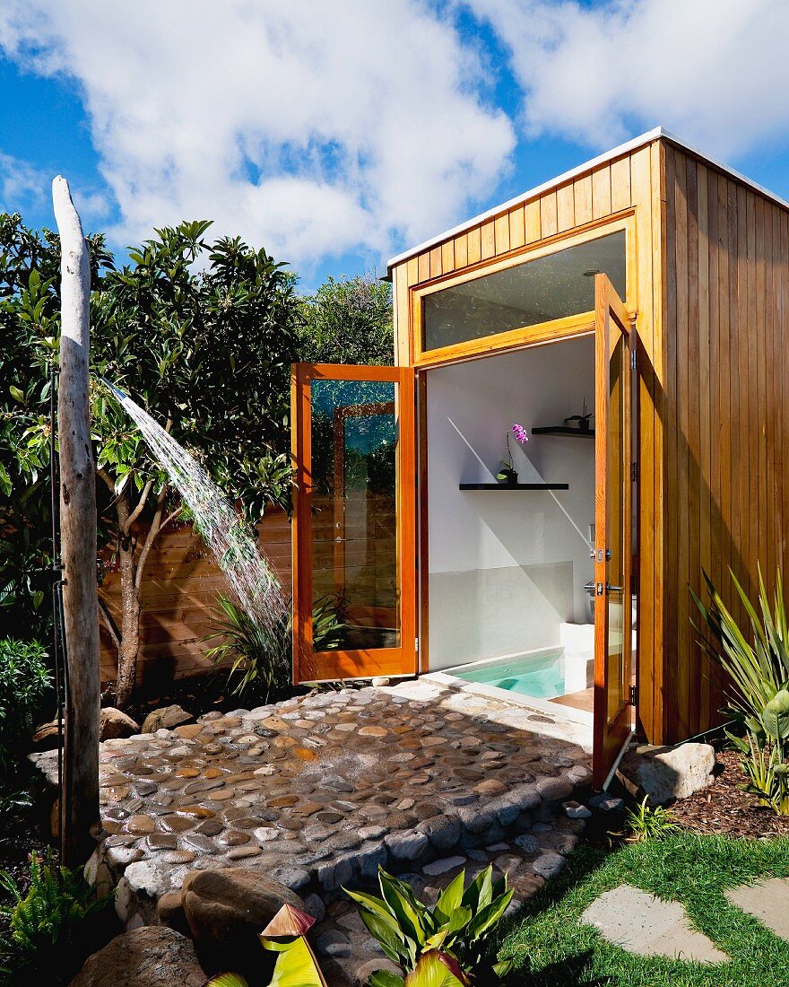 Outdoor shower at modern eco friendly home