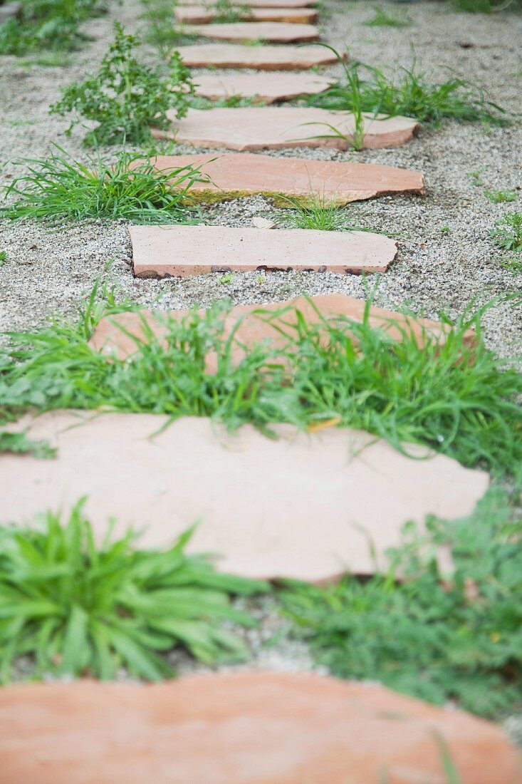 Platten aus Naturstein auf Kiesboden und Grasbüscheln