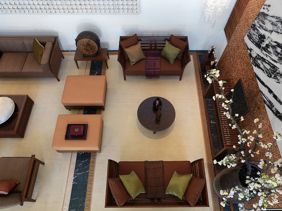 Aerial view of contemporary living room with sitting area