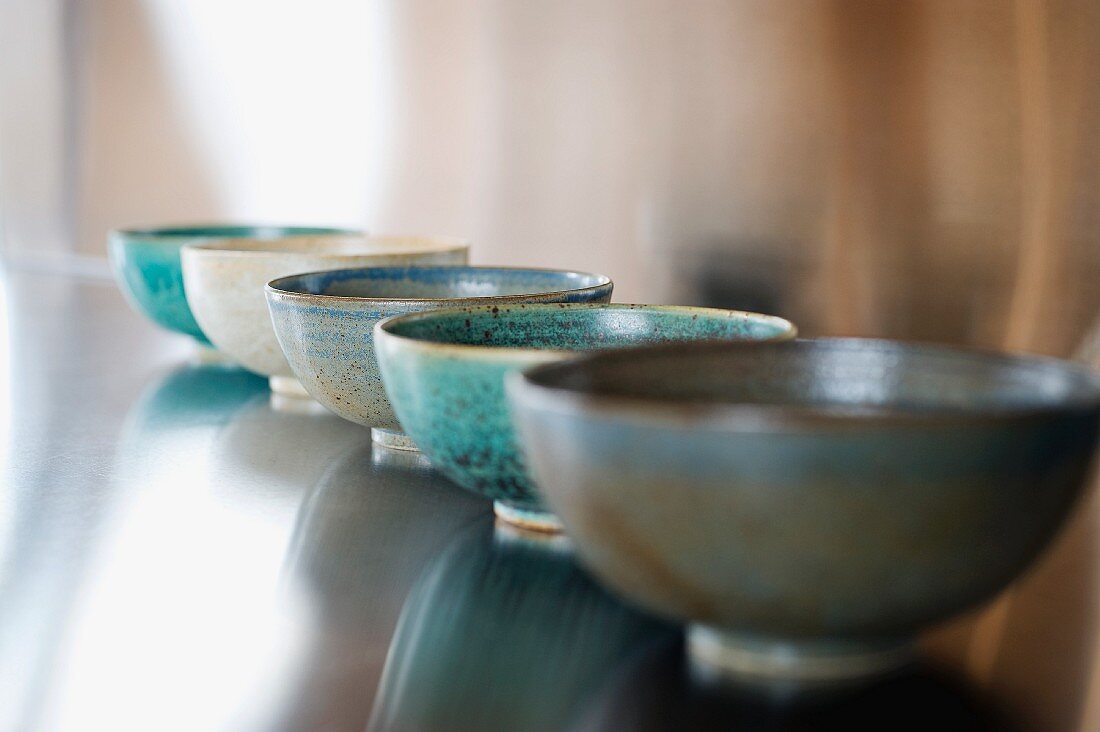 Row of bowls on countertop