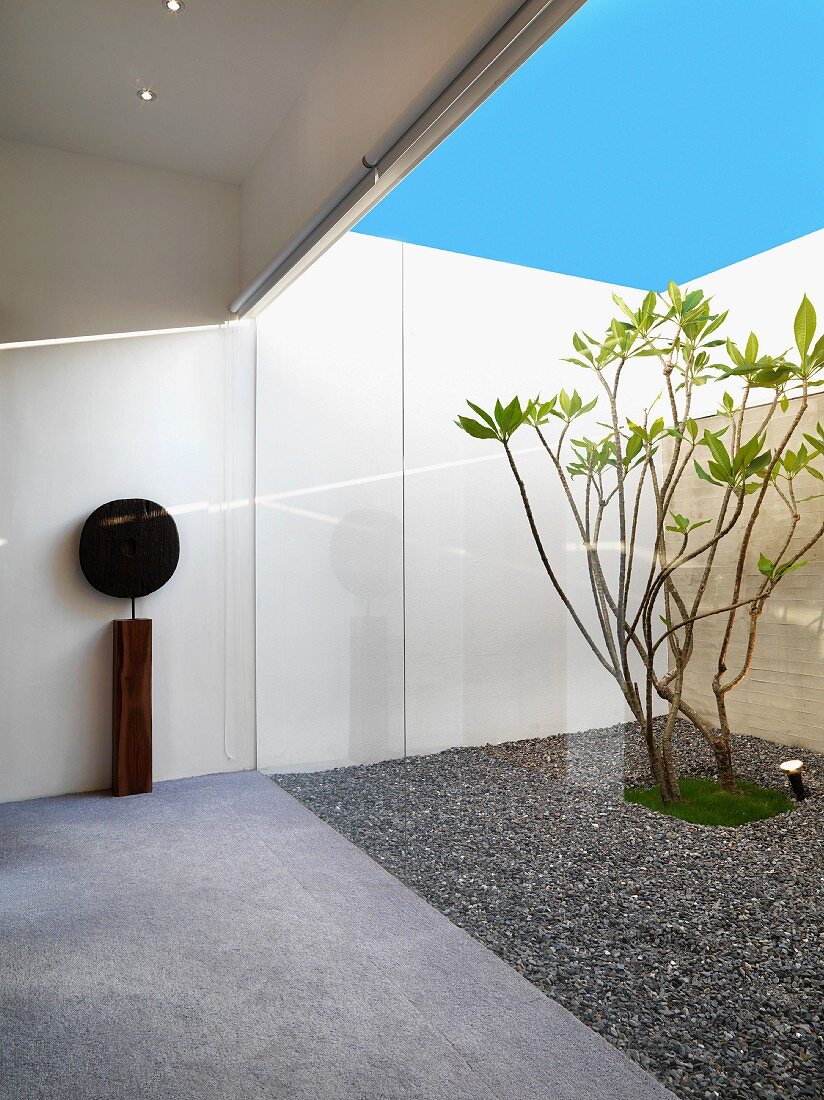 Raumhohe Glasfront zur Gartenterrasse mit alleinstehendem Baum und einer modernen Holzplastik