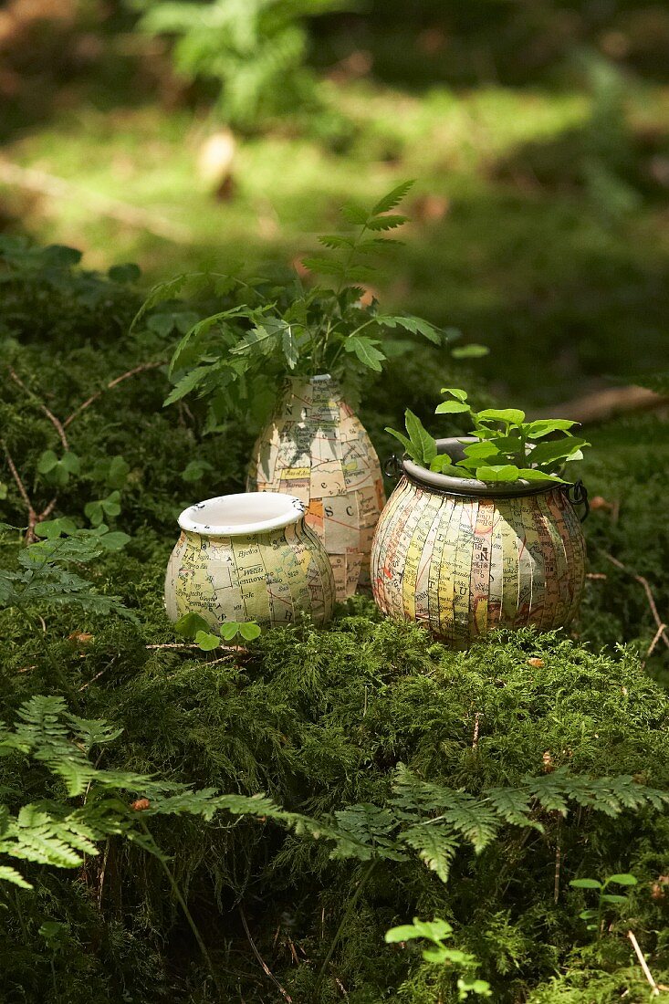 Vasen mit Landkarten beklebt auf Moosboden im Wald