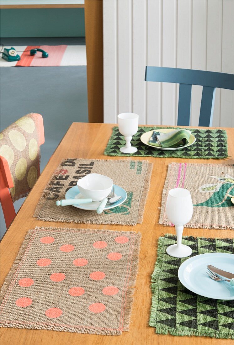 Various place mats made from coffee sacks