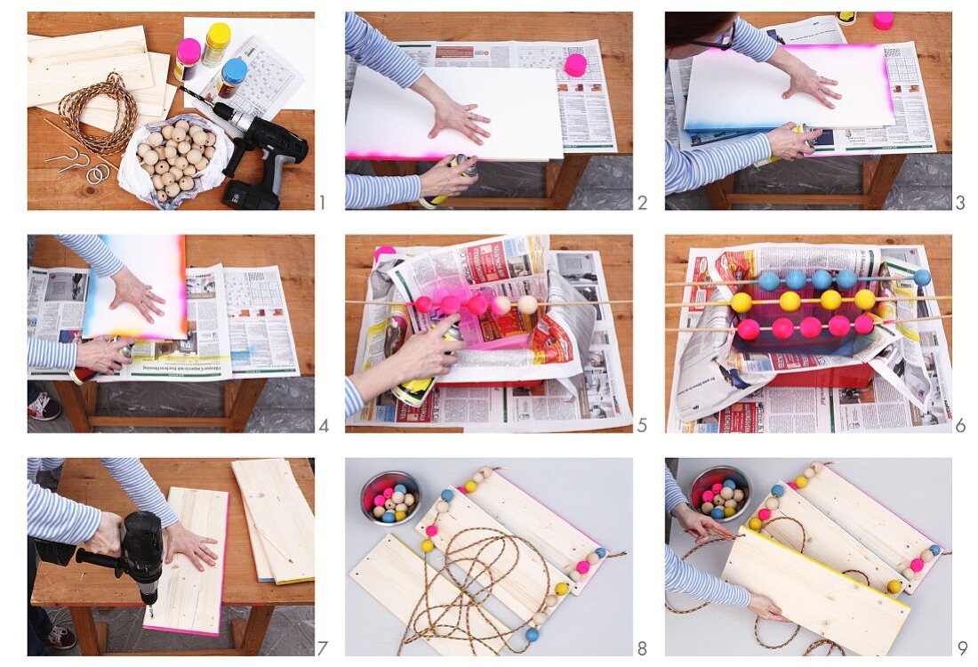 Instructions for making wooden shelved with colourful, painted wooden beads and boards threaded on rope