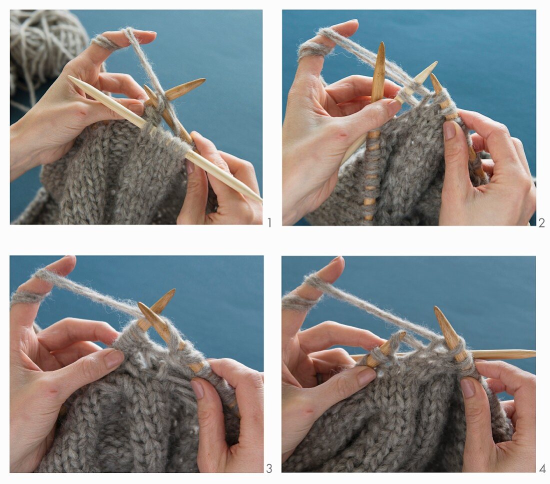 A cableknit pattern being knitted with wooden knitting needles using mixed yarn