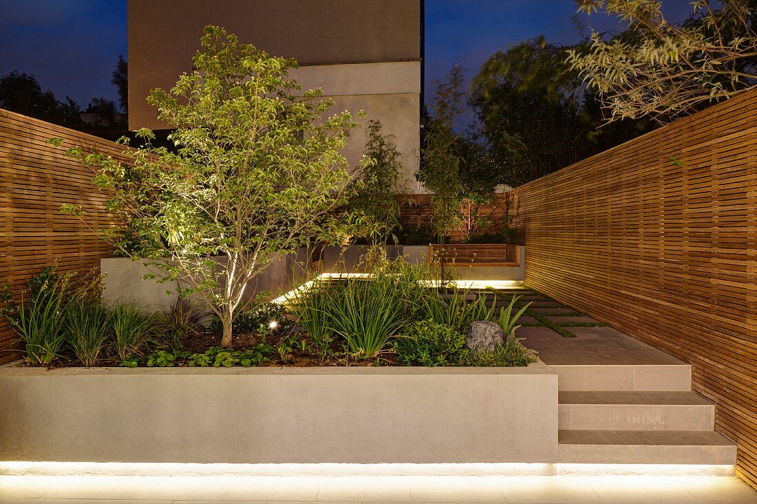 Illuminated, modern, terrace-house garden with wooden screens below night sky