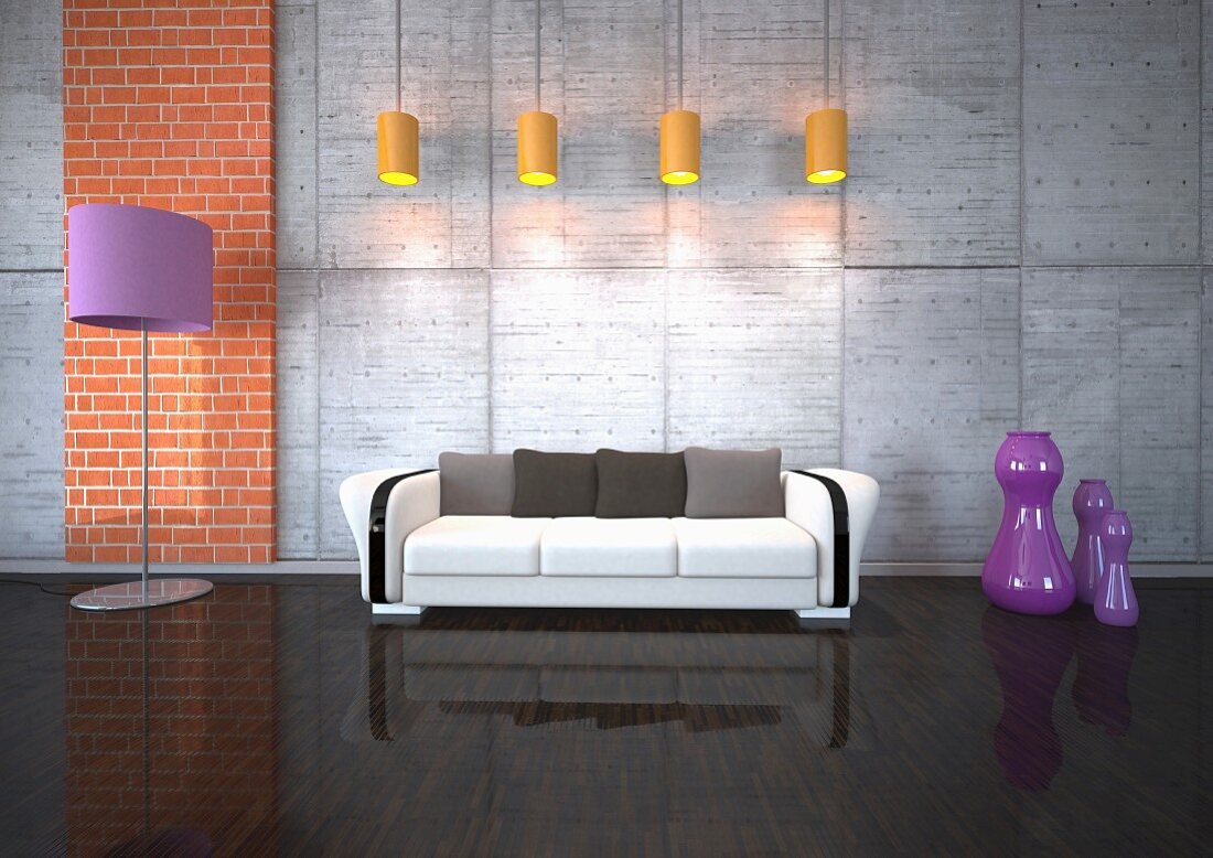 Wohnraum mit Hochglanzboden, Couch & modernen Stand- & Hängeleuchten