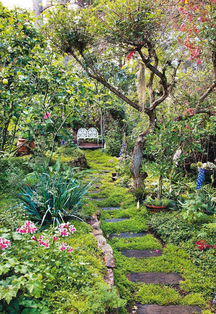 Trittplatten Weg in blühendem Garten, im Hintergrund idyllischer Sitzplatz