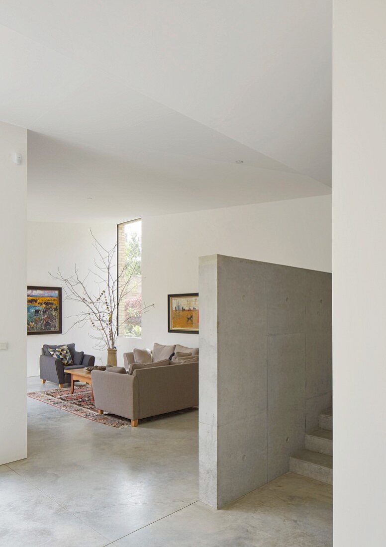 Modern living area with concrete floor and wall
