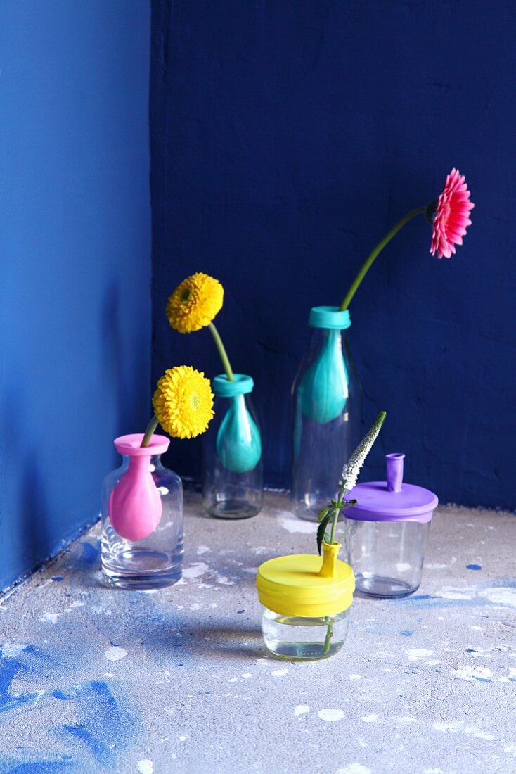 Glasgefäße mit pastellfarbenen Luftballons überzogen und mit einzelnen Blütenstengeln dekoriert vor blauer Wand