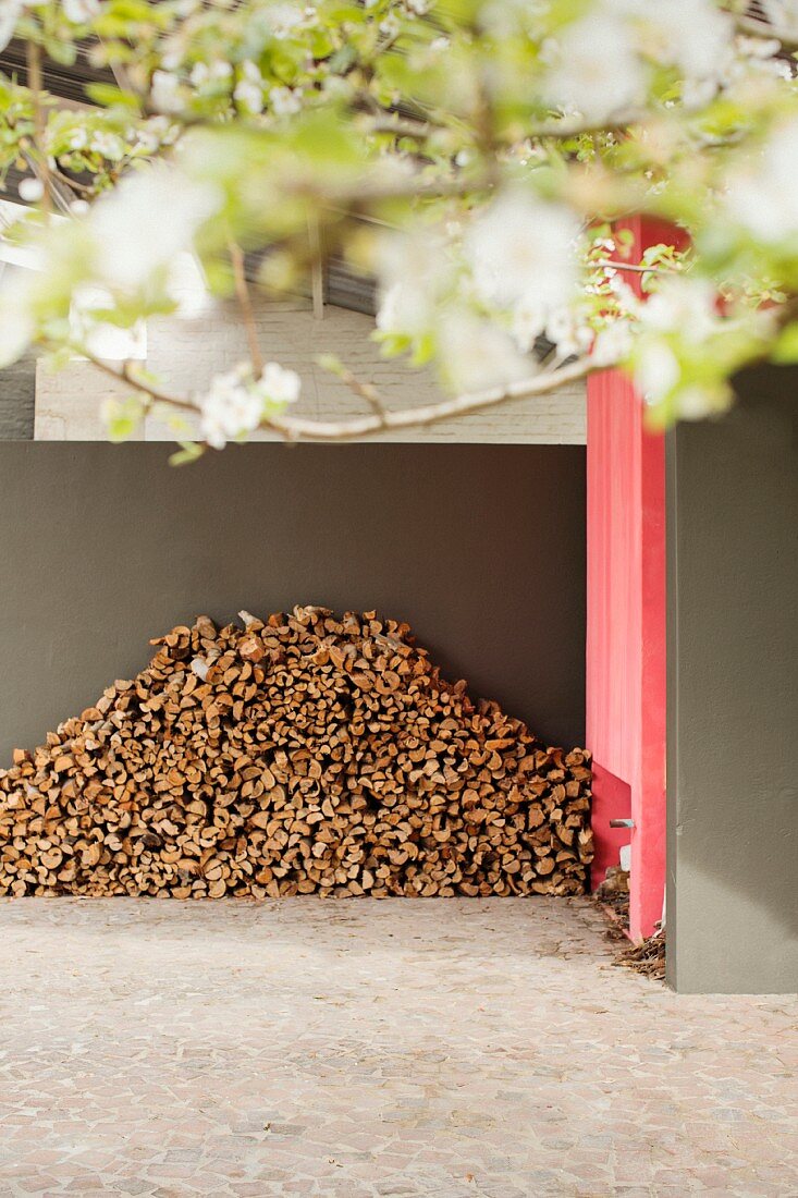 Ein Stapel Brennholz vor einer grauen und roten Wand im Hof