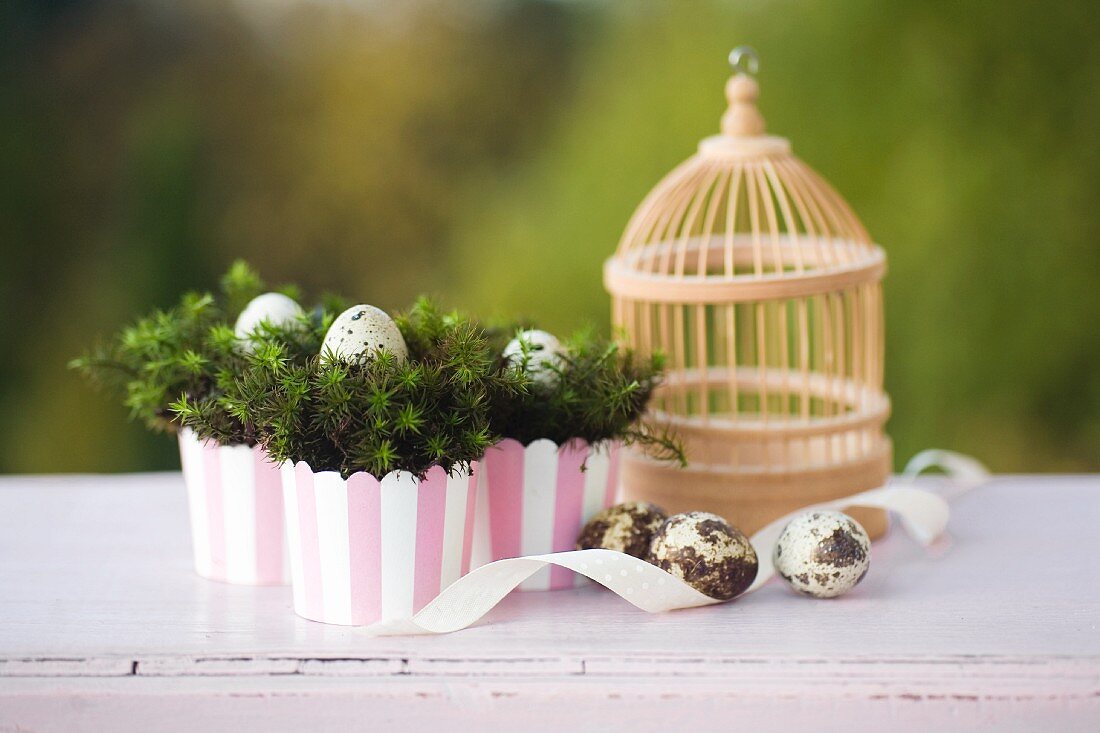 Quails' eggs in Easter nest and small birdcage on pink surface