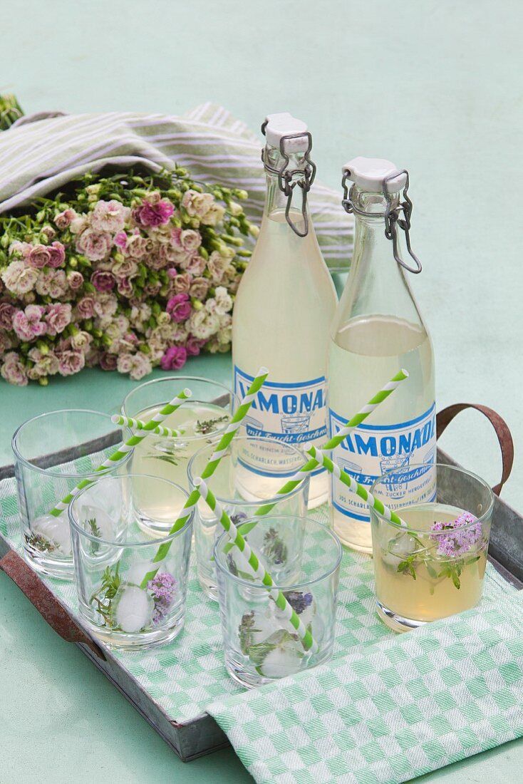 Gläser und Limonadenflaschen mit Schnappverschluss im Vintage Stil auf schlichtem Metall Tablett, im Hintergrund üppiger Rosenstrauss