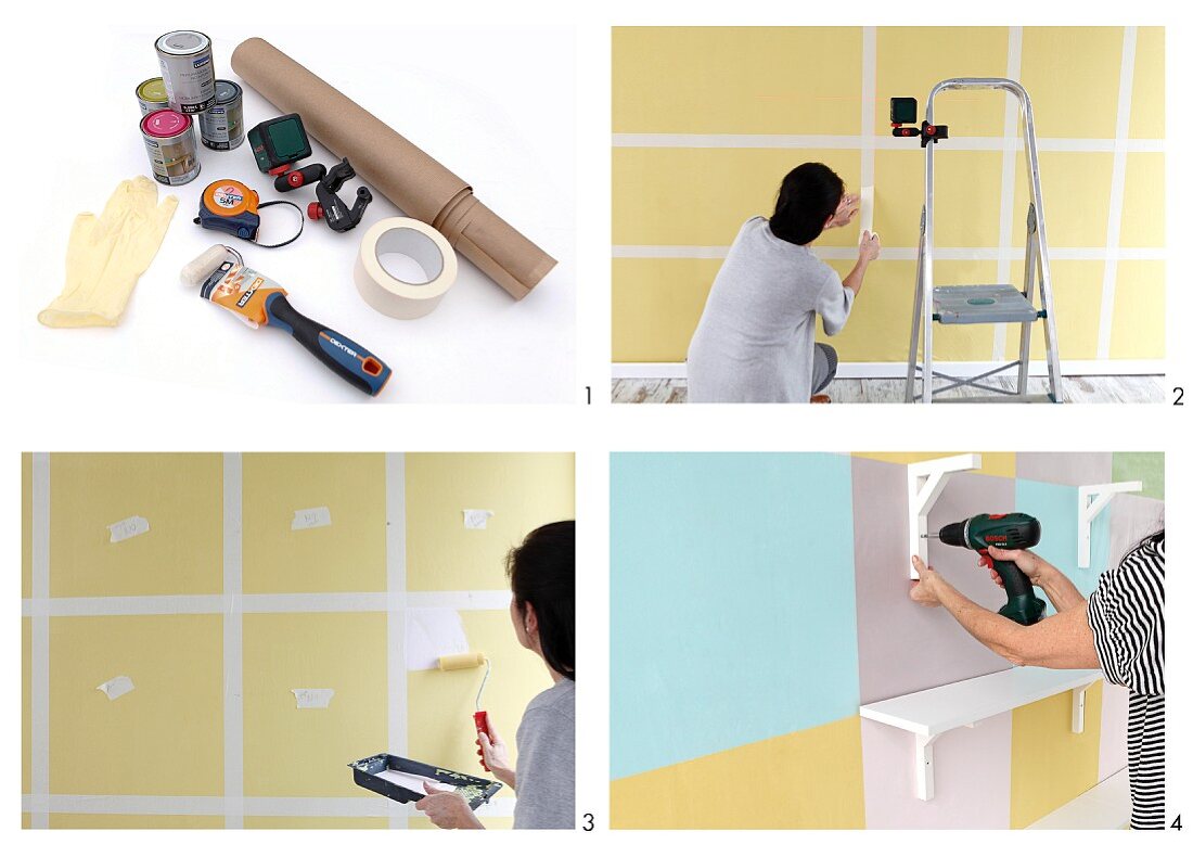 Wandgestaltung mit pastellfarbenen und gelben Farbquadraten und anschrauben von weißen Konsolenregalen