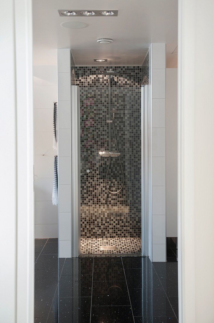 Floor-level separate shower area with mosaic tiles in designer bathroom