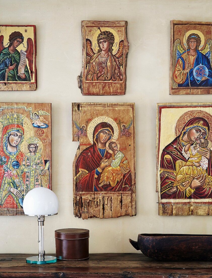 Collection of religious icons on wall