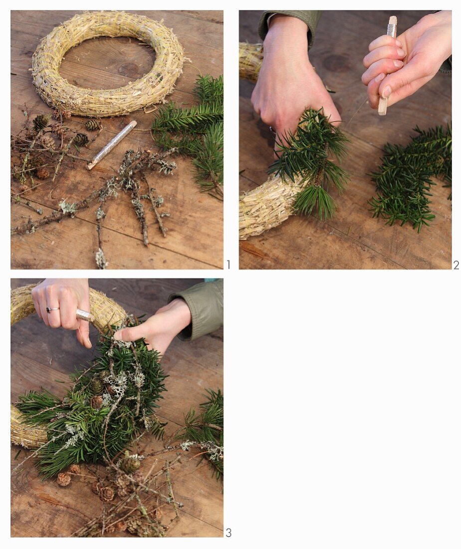 Tying a wreath of conifer branches and larch cones