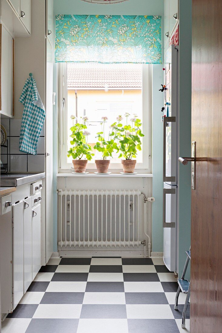 Kitchen with chequered floor and three pelargoniums on windowsill