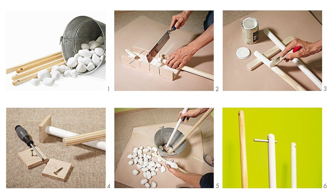 Instructions for making coat rack from broom handles, metal bucket and pebbles
