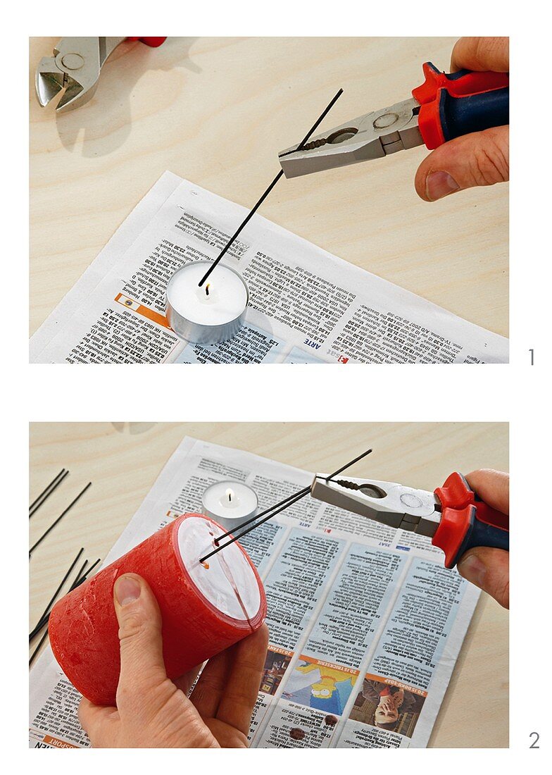 Instructions for preparing red pillar candle for attachment to wreath with heated wire