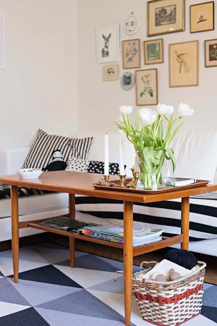 Retro coffee table in living room decorated with graphic patterns