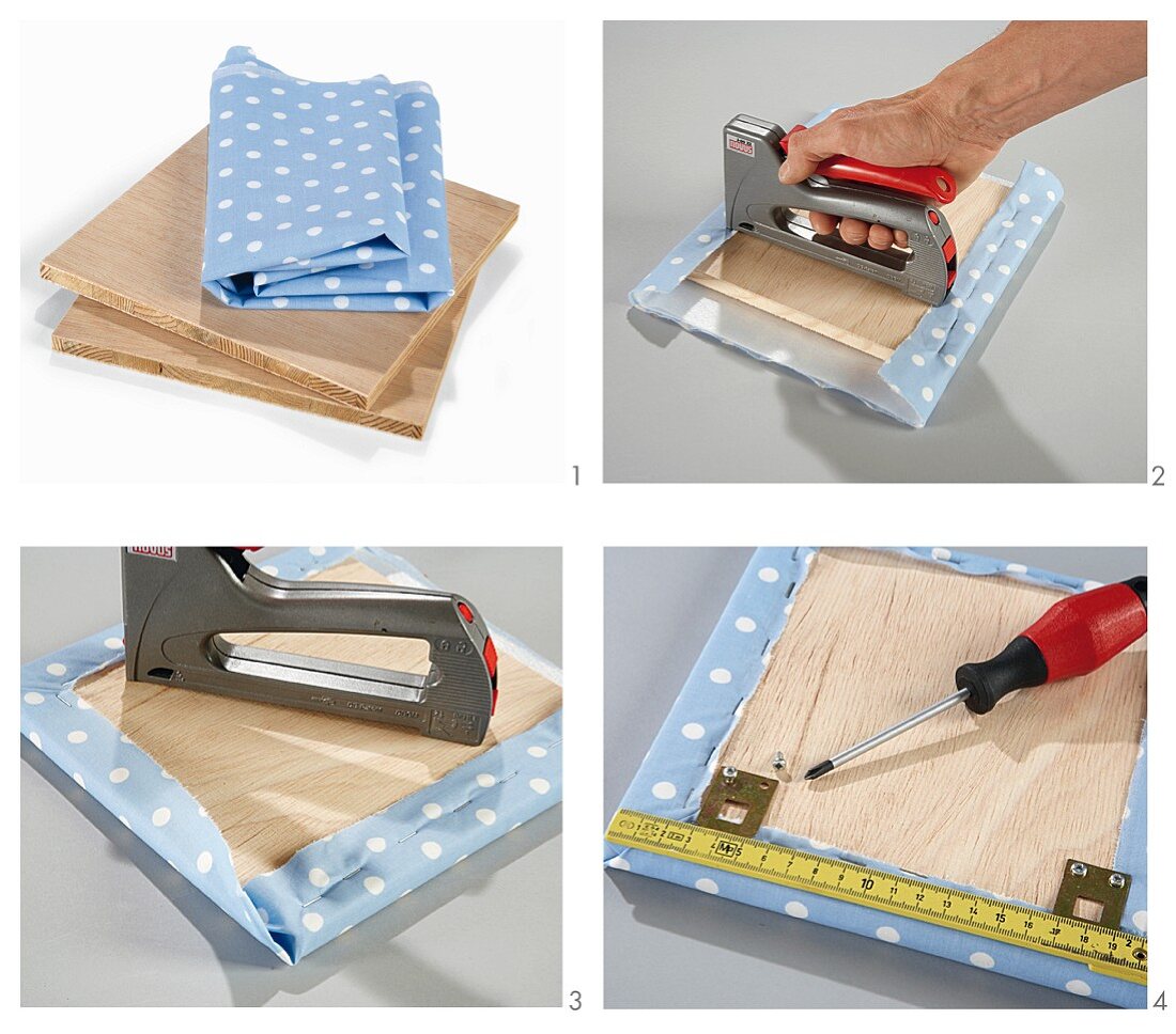 Instructions for making bed headboard from MDF panels and blue and white polka-dot fabric