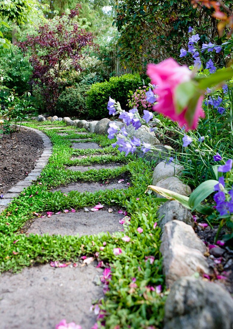 Stone garden path with grass between flags and flowerbed edged with pebbles