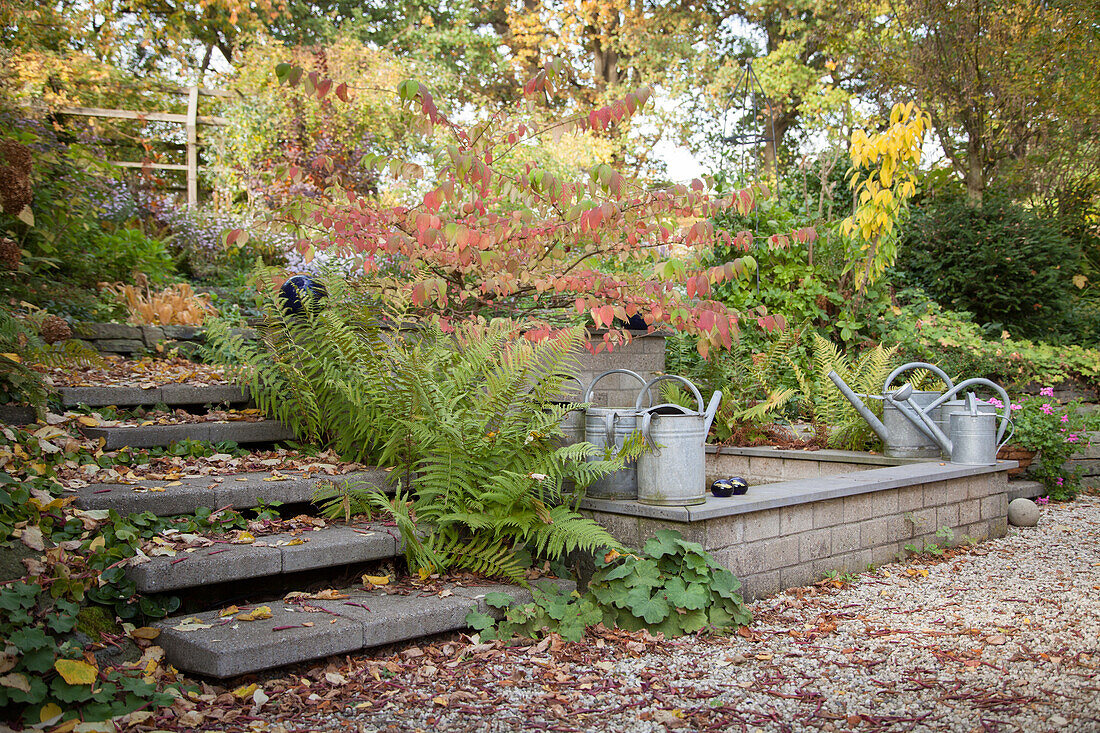 Gießkannen am Brunnen und eine Treppe im Herbstgarten