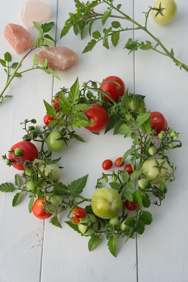 Hand-tied wreath of tomatoes and tomato branches