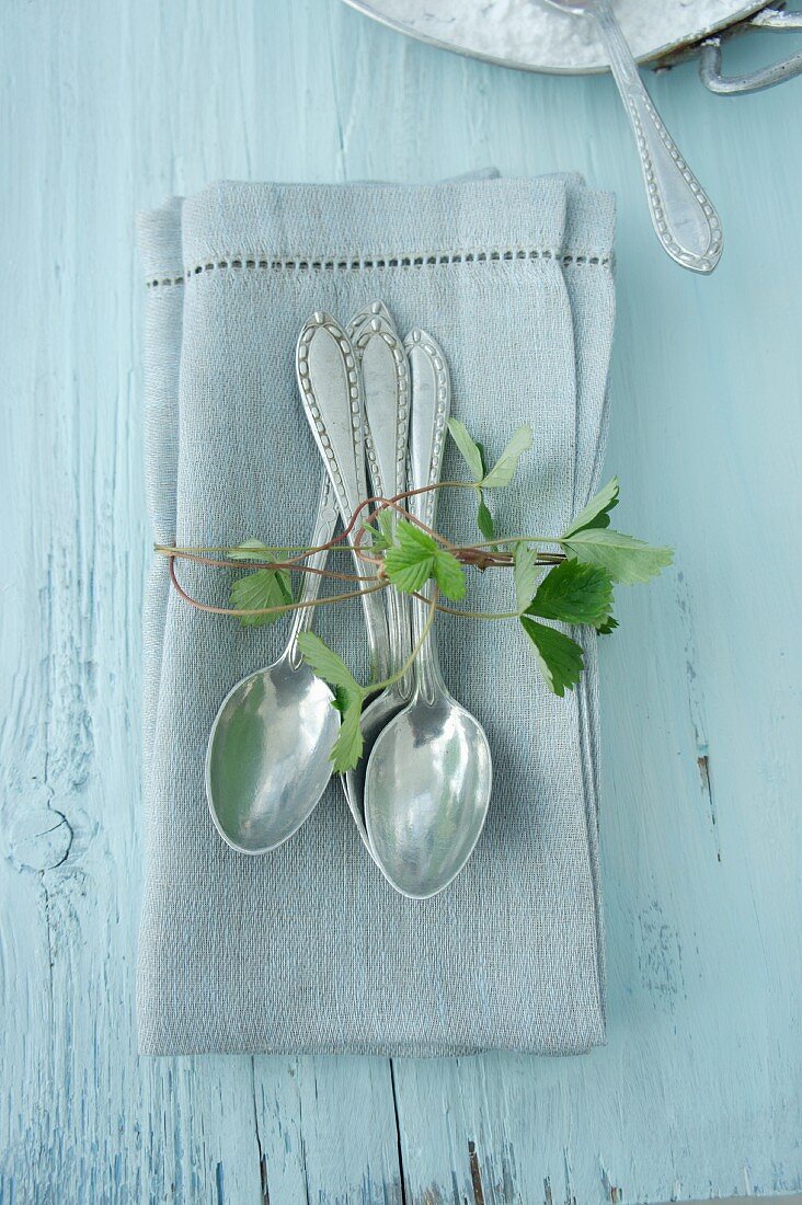 Silver spoons on linen napkin with strawberry tendril