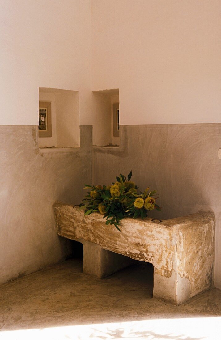 Old stone sink in corner below two small niches in two-tone walls