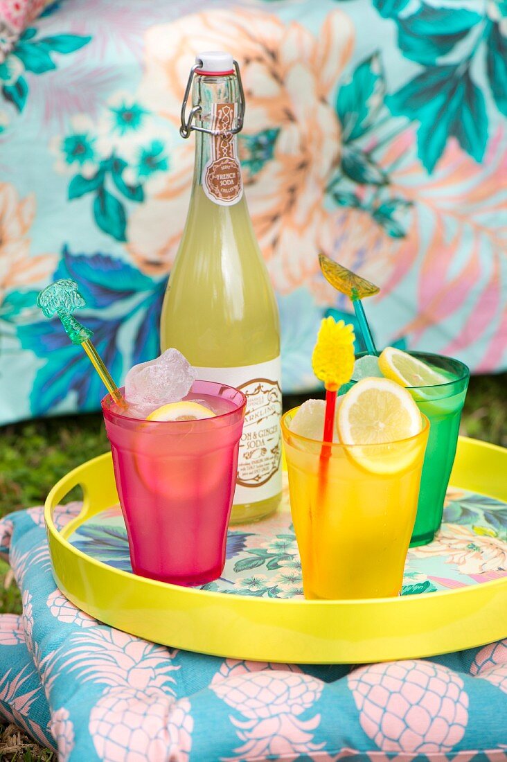 Bunte Gläser und Flasche mit Sommerdrinks auf einem Tablett