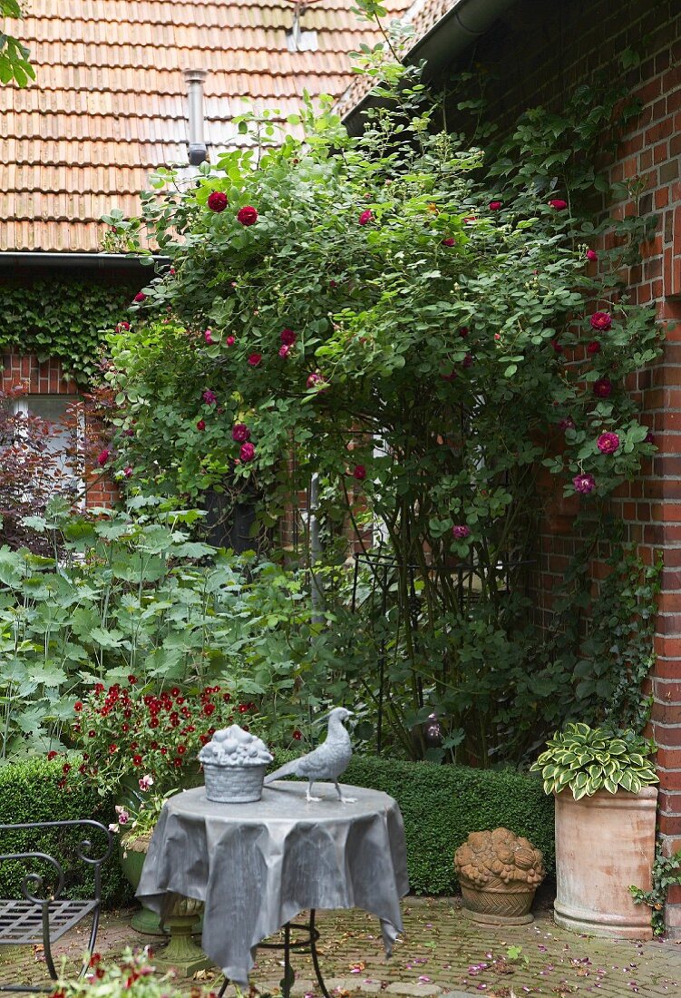 Sommerbeet mit Rosenstrauch an der Ziegelfassade, Gartenmöbel aus Metall und graue Skulpturen