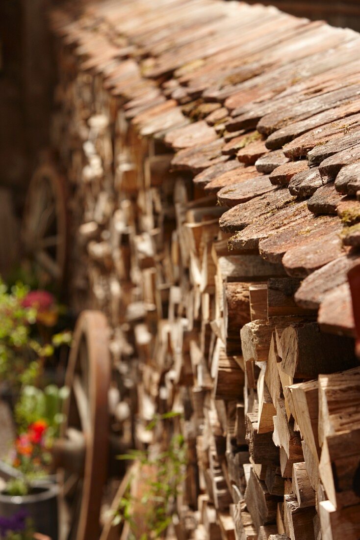Stack of firewood topped with roof tiles