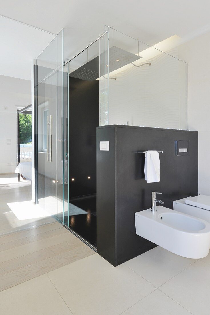 Floor-level shower and glass screen in ensuite bathroom