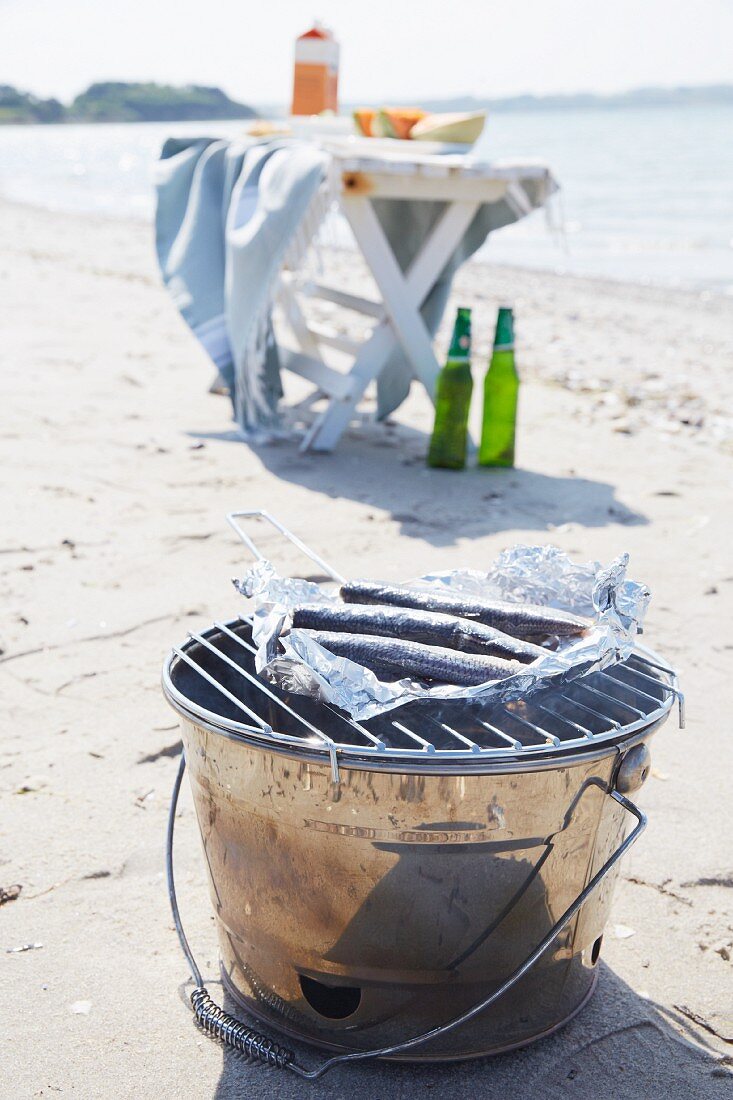 Bucket barbecue and folding table on beach