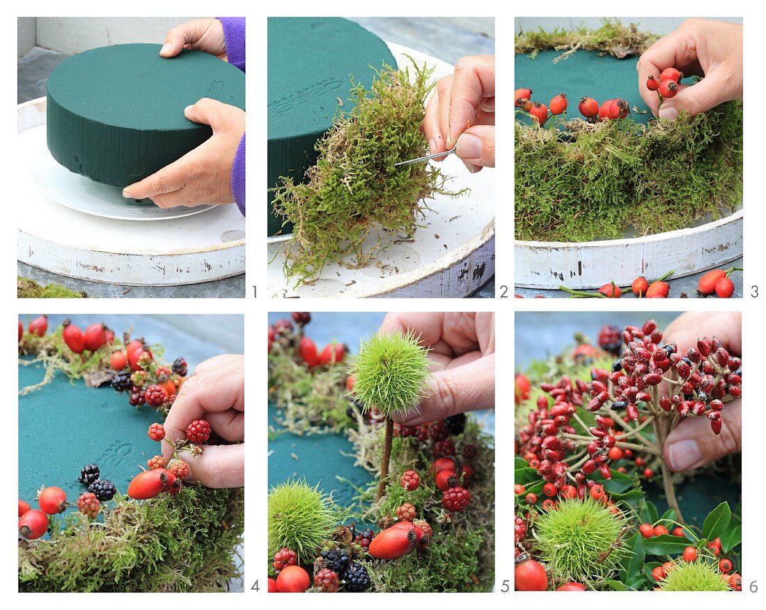 Making decorative cake-shaped bird feeder from moss, berries and sweet chestnuts