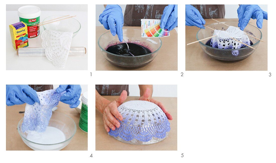 Instructions for making a purple, dip-dyed, lace doily bowl