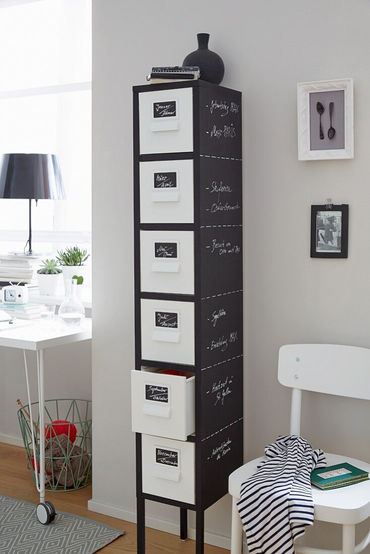 Tall, narrow chest of drawers with chalkboard sides