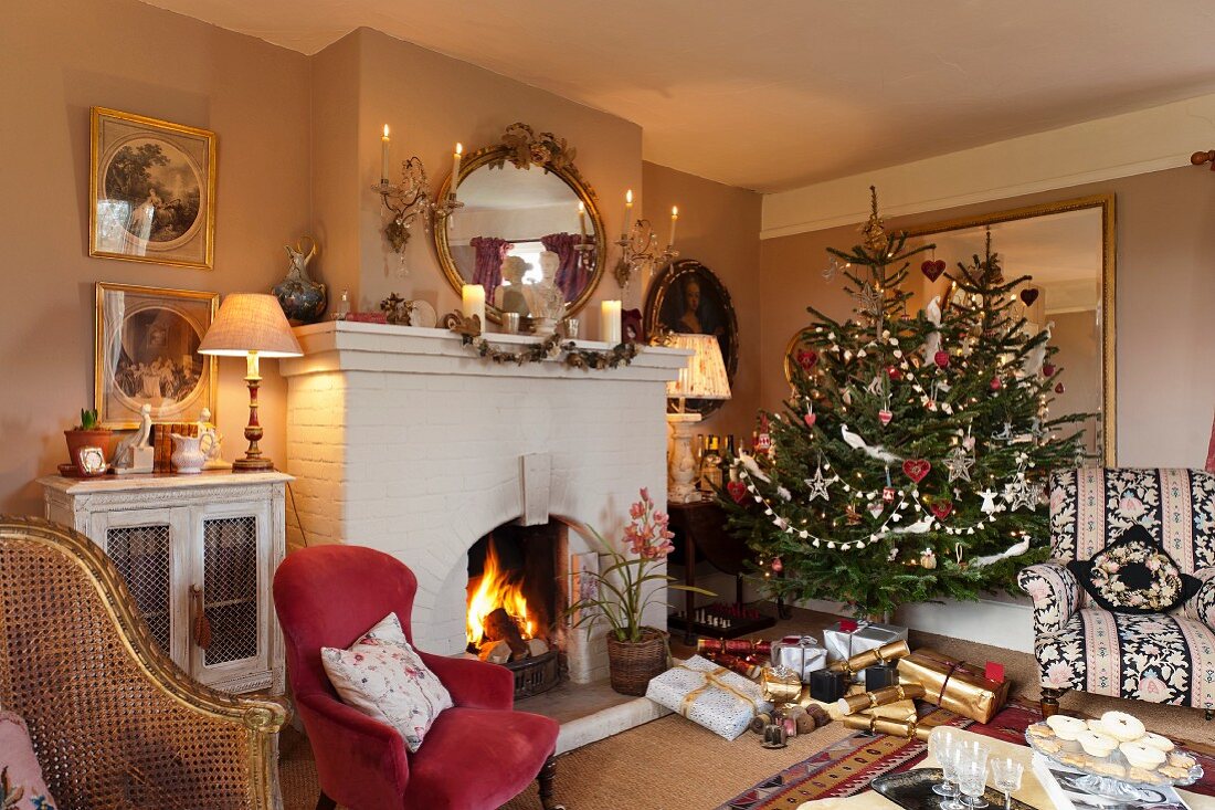 Fireplace and Christmas tree in classic living room