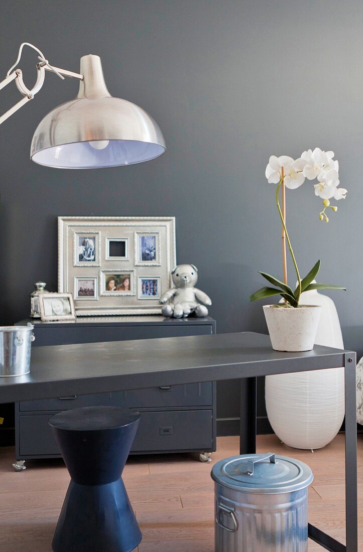 Potted orchid on metal desk in front of grey wall